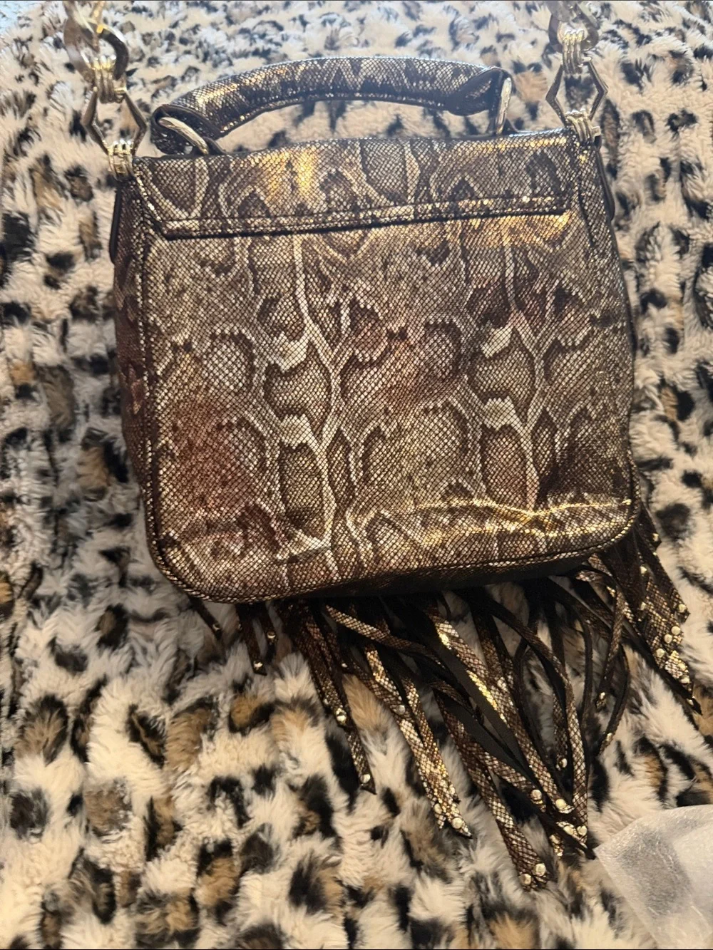 Christian Audigier Metallic Snake-Print Fringe Crossbody Bag in Brown and Gold